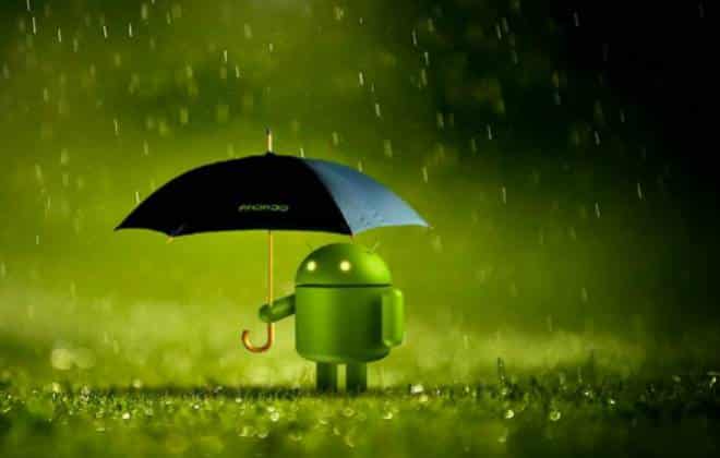 Robô do Android com um guarda-chuva aberto embaixo de chuva