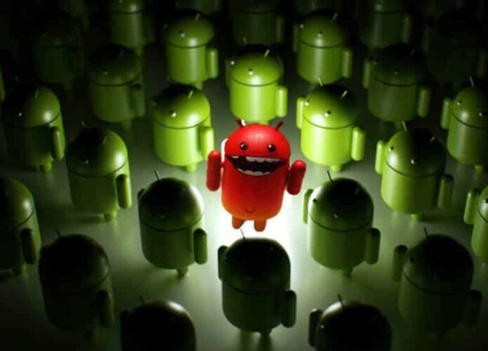 Robô do Android em vermelho cercado por robôs do Android verdes, simbolizando um malware entre os aplicativos