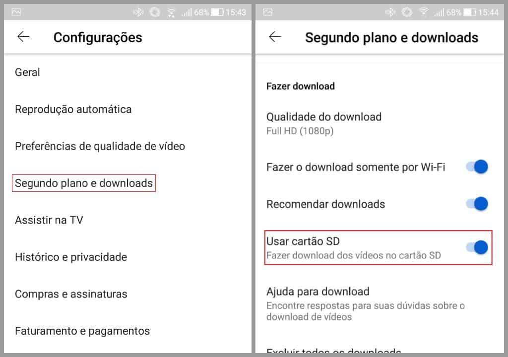 Download de vídeo do YouTube no SD