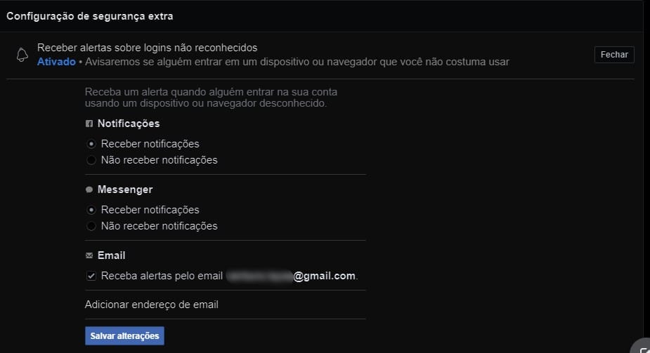 Aba de configurações de segurança extra do Facebook