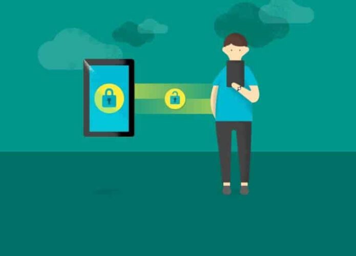 Ilustração mostra usuário que segura um celular desbloqueado por proximidade com outro dispositivo