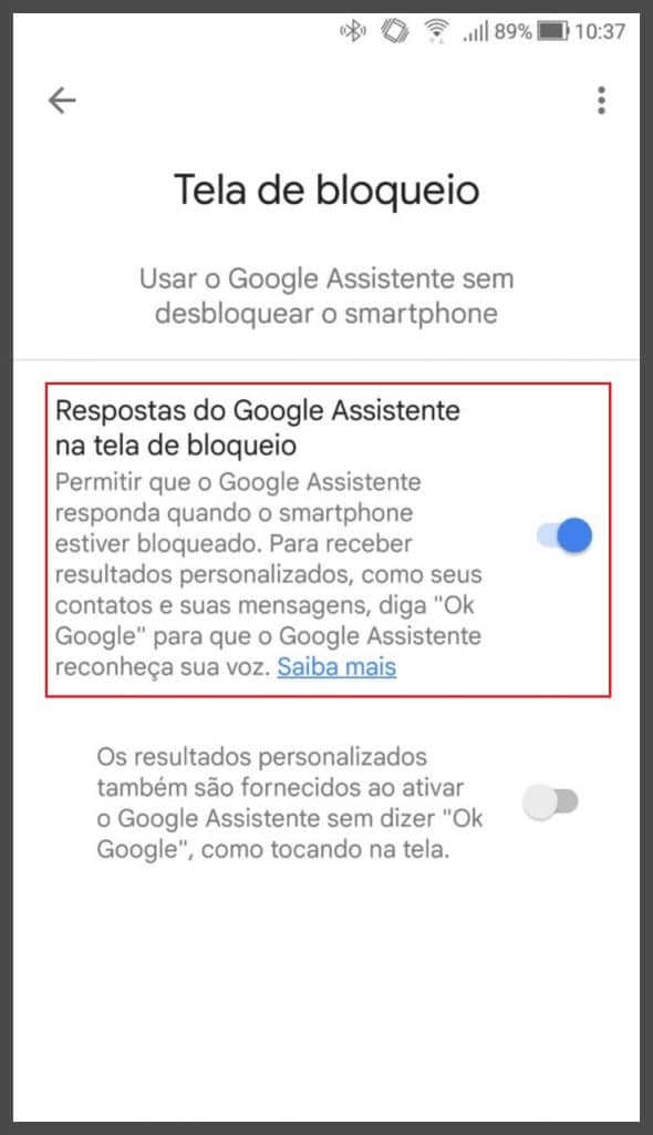 Menu para tela de bloqueio do Google Assistente