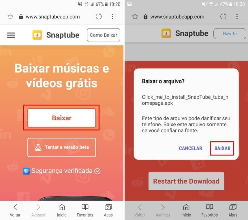 Tela para baixar o snaptube