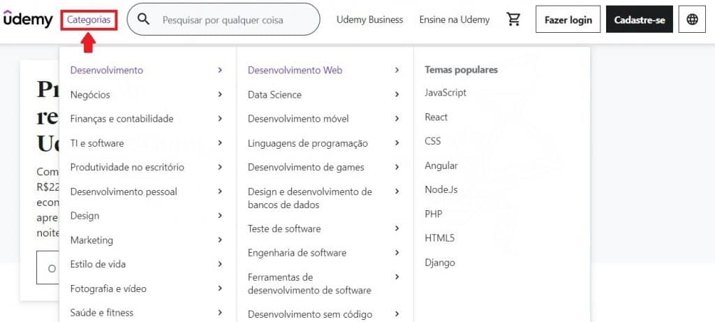 Como buscar cursos na Udemy