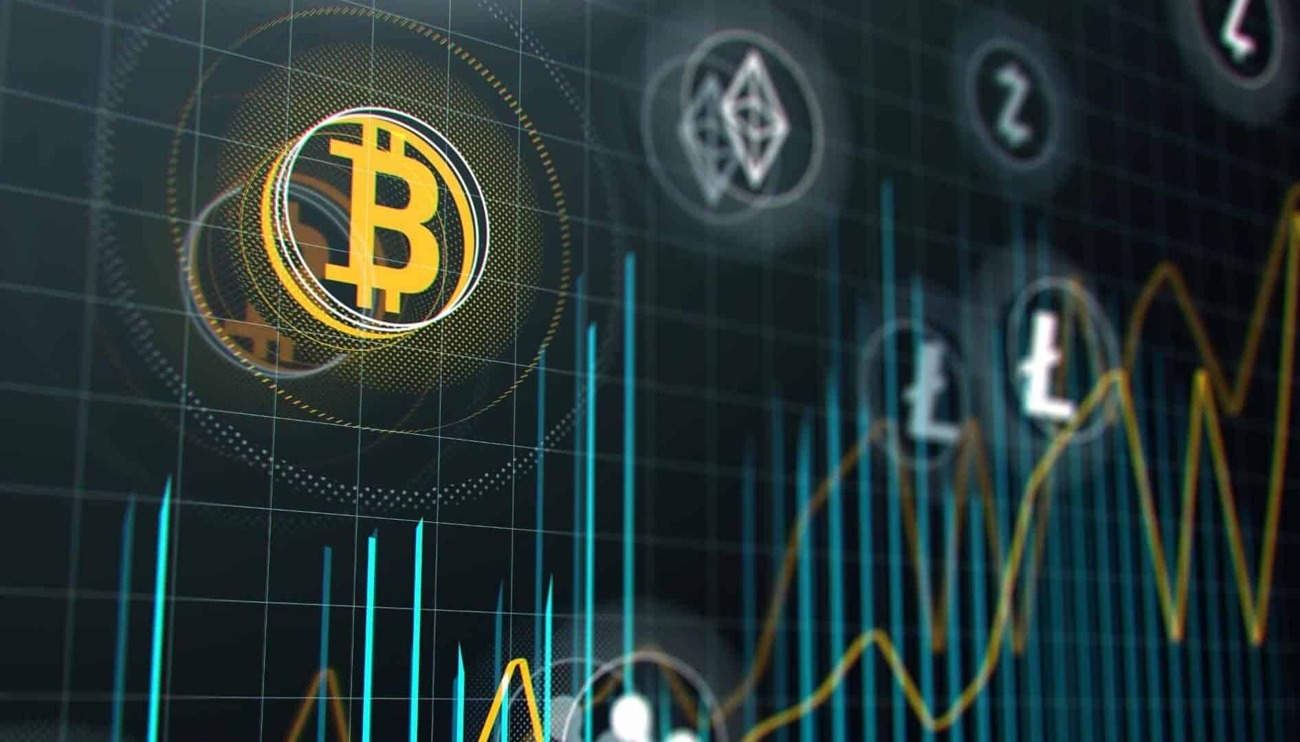 Símbolos de criptomoedas com gráfico de mercado