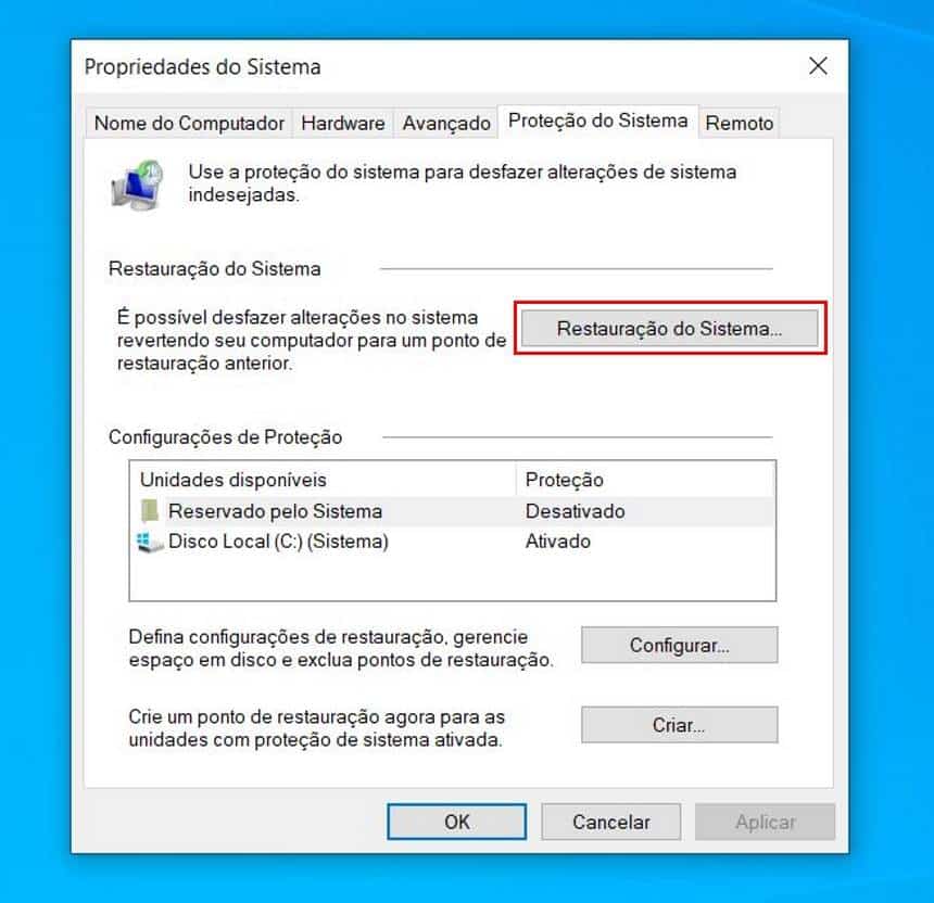 Como reverter alterações no Windows 10 usando restauração de sistema