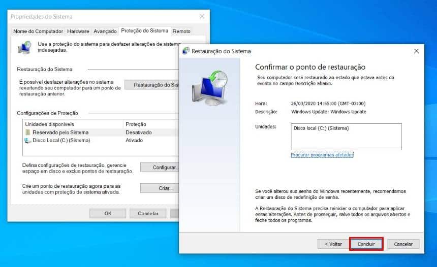 Confirmar o ponto de restauração do Windows 10