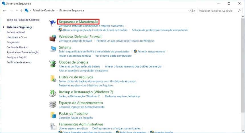 Como acessar a segurança e manutenção do Windows 10
