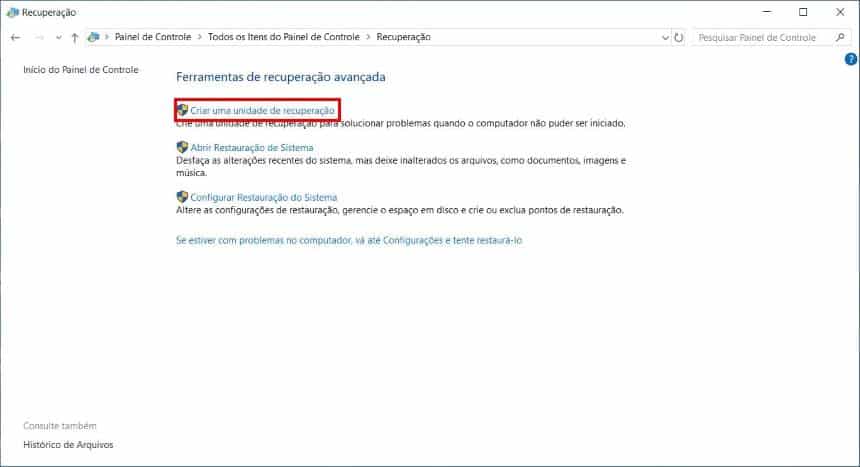 Como criar uma unidade de recuperação para solucionar quando o computador não puder ser iniciado