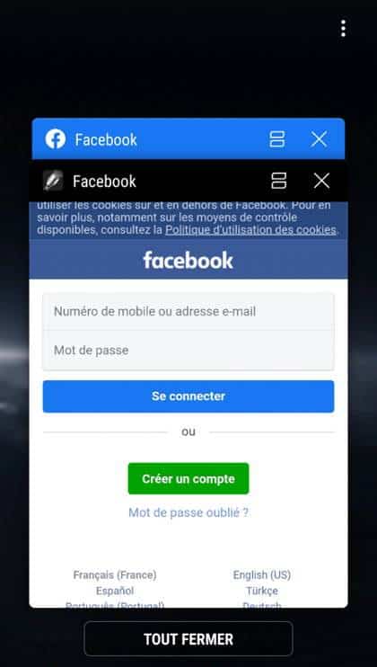A janela de cima é a página oficial de login do Facebook; a de baixo é a falsa. Imagem via Evina