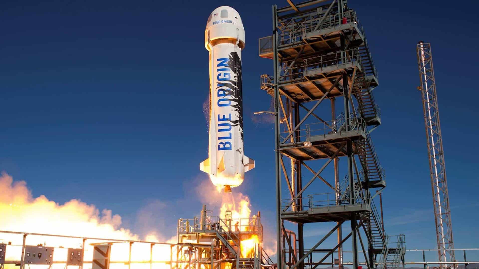 Decolagem de um foguete New Shepard da base da Blue Origin no oeste do Texas