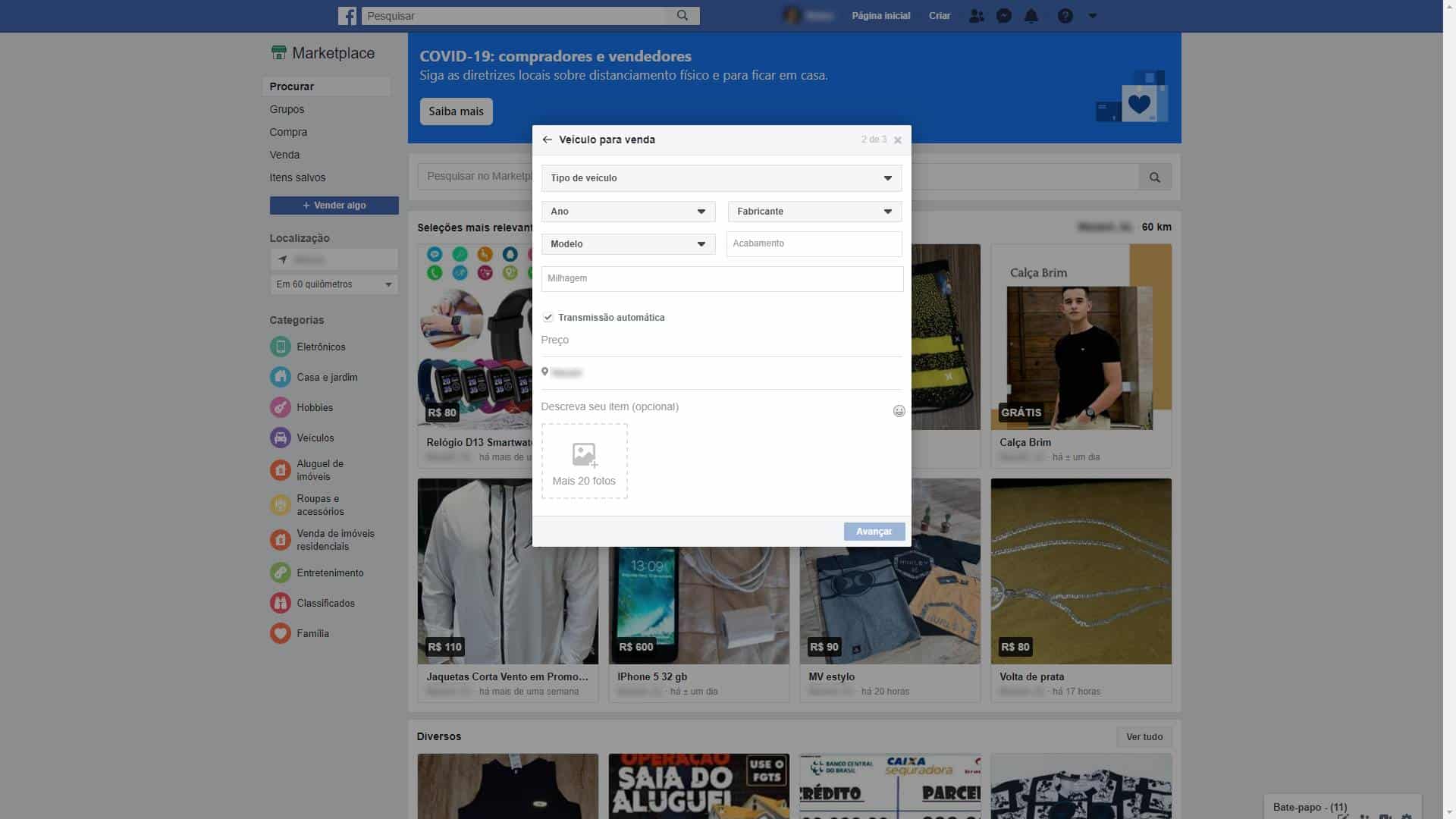Veículos estão entre os produtos que podem ser comercializados no Marketplace. Crédito: Facebook/Reprodução