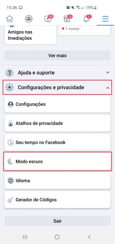 configuração de modo escuro no facebook