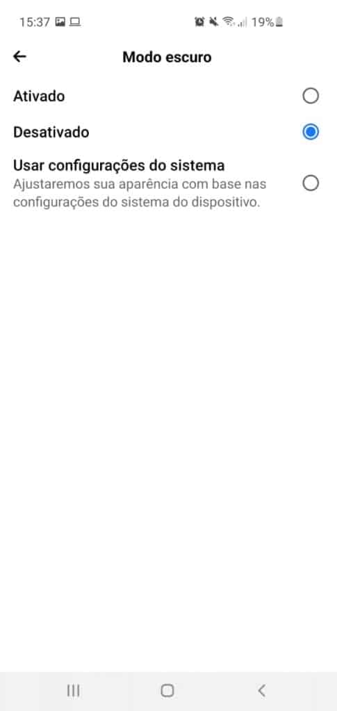 configuração de modo escuro no facebook