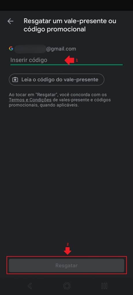 Resgatar vale-presenta na loja Google Play