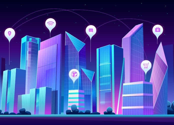 Ilustração com prédios interconectados com várias tecnologias