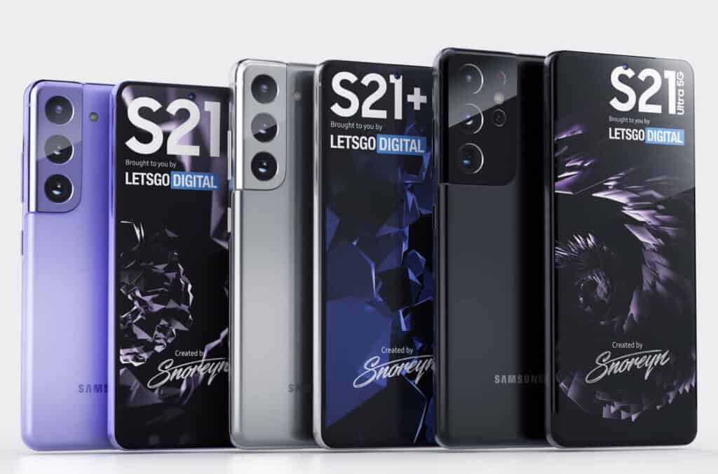Renders da família Galaxy S21 feitos pelo designer Snoreyn