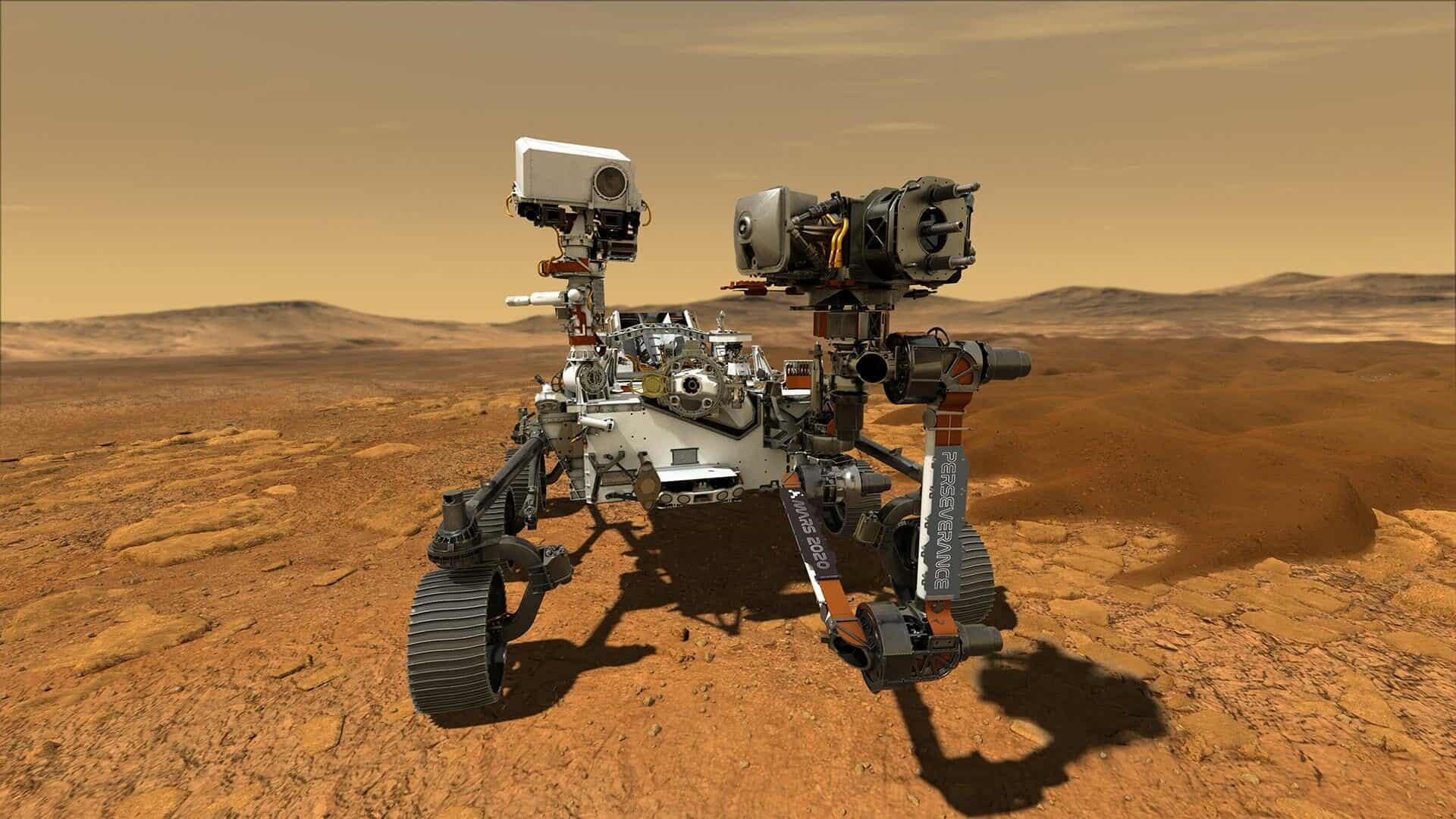 Ilustração mostrando o rover Perseverance na superfície de Marte