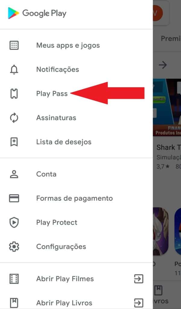 Menu Google Play marcando Play Pass