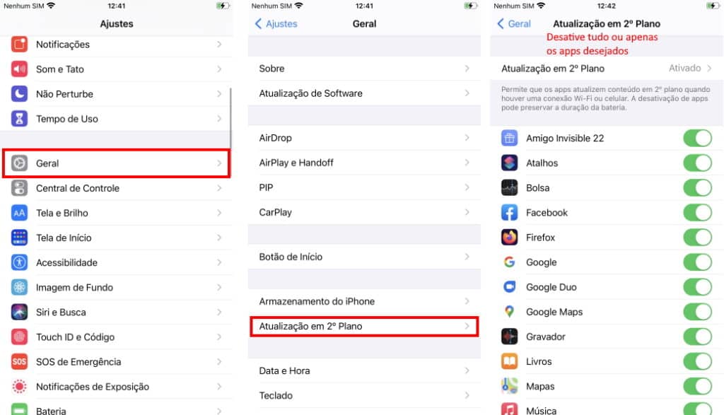Fazer a bateria do iPhone durar mais - Desabilitar atualizações em segundo plano