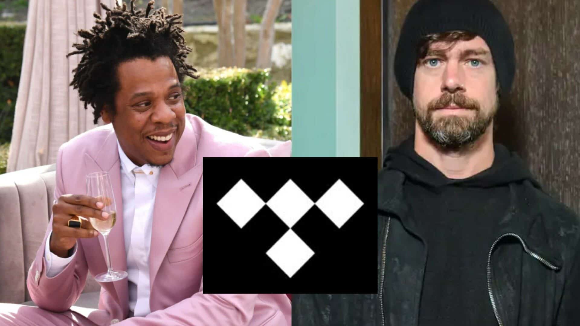 Jay-Z e Jack Dorsey, com o logo do Tidal à frente