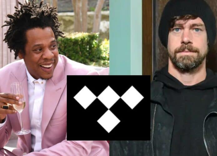 Jay-Z e Jack Dorsey, com o logo do Tidal à frente