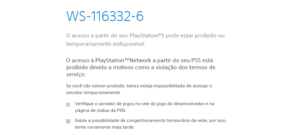 Banimentos do PlayStation 5 sony erro ws-116332-6