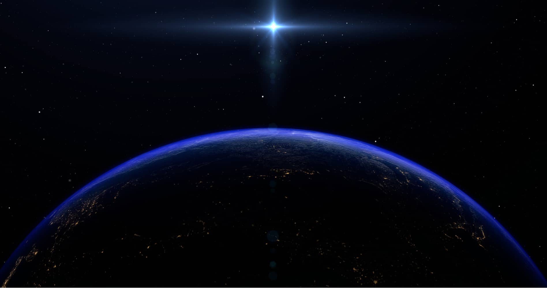 Terra vista no espaço, com um facho de luz da estrela Sirius