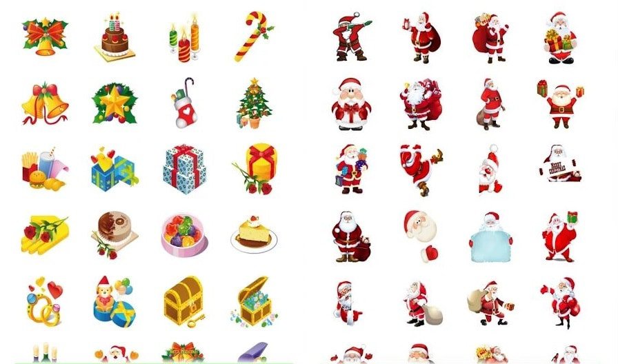 Várias figurinhas de Natal do WhatsApp exibidas sobre fundo branco