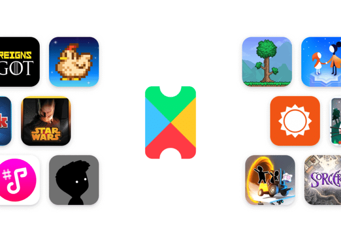 Logomarca do serviço Google Play Pass em meio a ícones de aplicativos e jogos