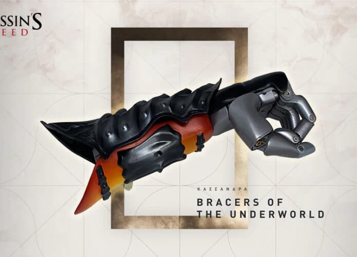 Prótese de braço biônico com a temática do jogo Assassin's Creed Odissey