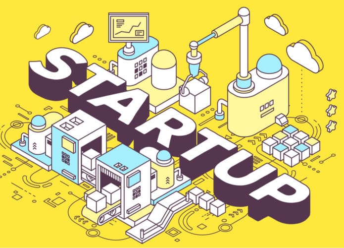 Ilustração de maquinário de uma fábrica funcionando ao redor do nome startup