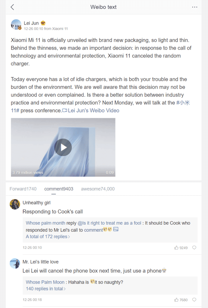Postagem do CEO da XIaomi no Weibo