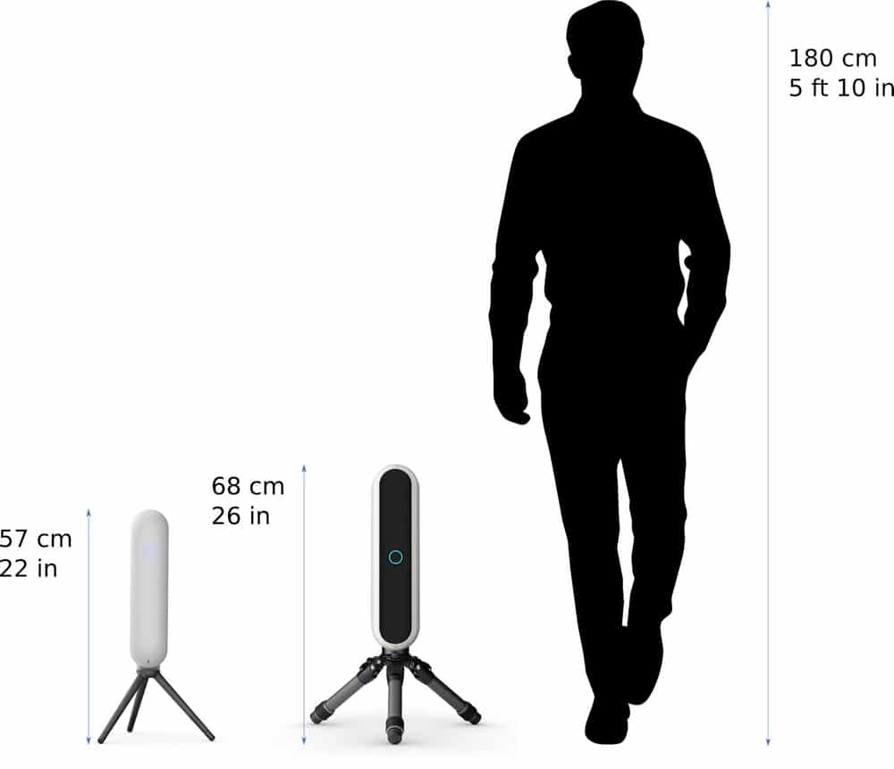 Comparação de tamanho do telescópio Vespera e um ser humano