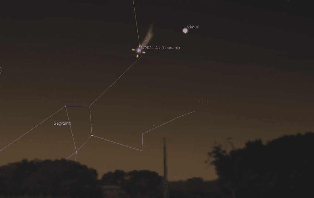 Visão esperada para o Cometa C/2021 A1 (Leonard) em conjunção com Vênus no céu de São Paulo