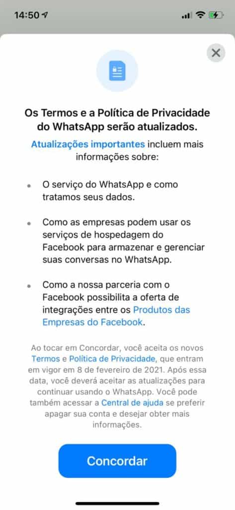 Novas termos do WhatsApp