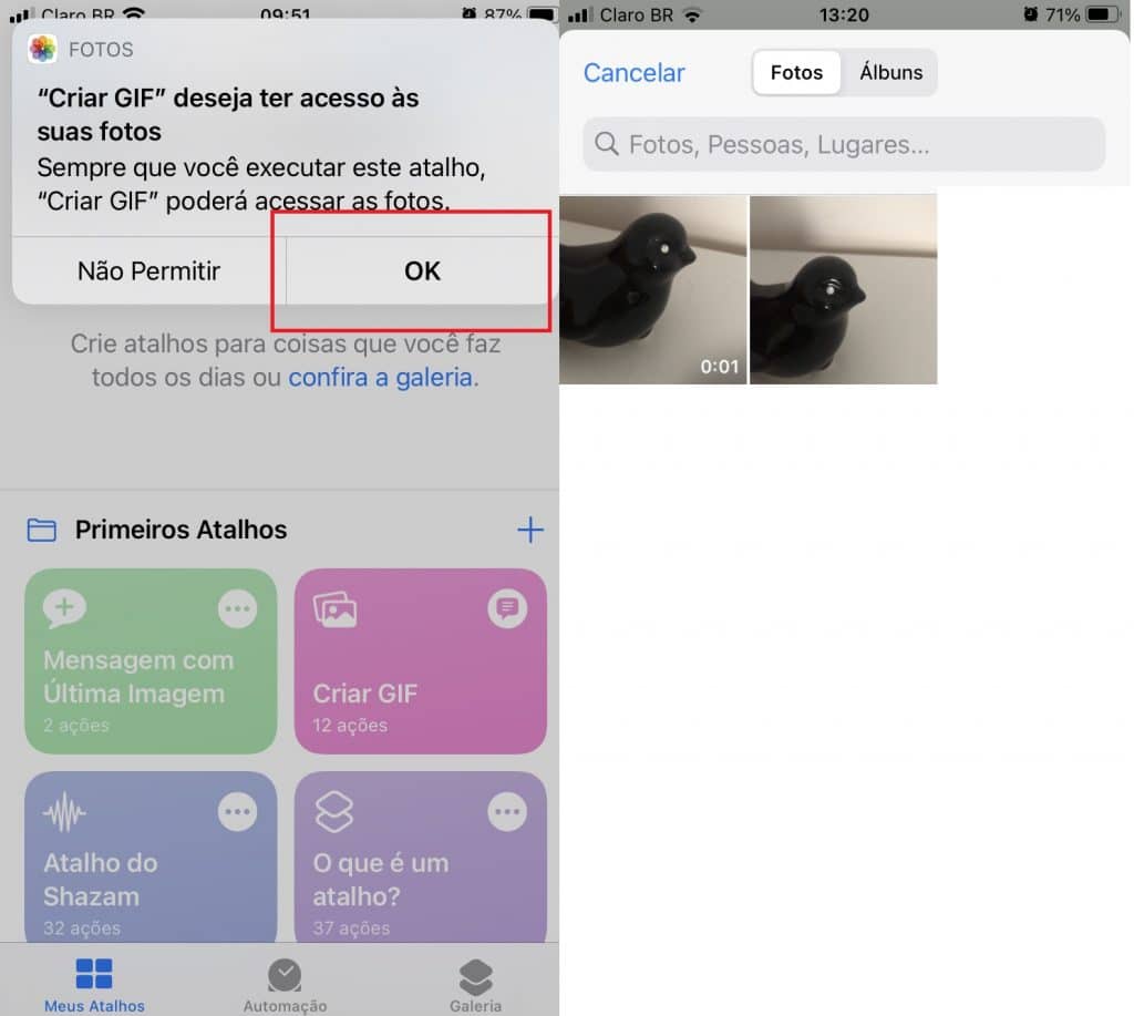 Captura de tela do iPhone mostra como criar GIF utilizando o app Atalhos