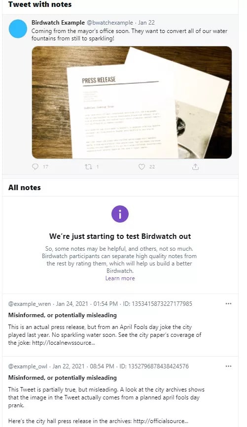 Exemplo de nota na plataforma Birdwatch, do Twitter