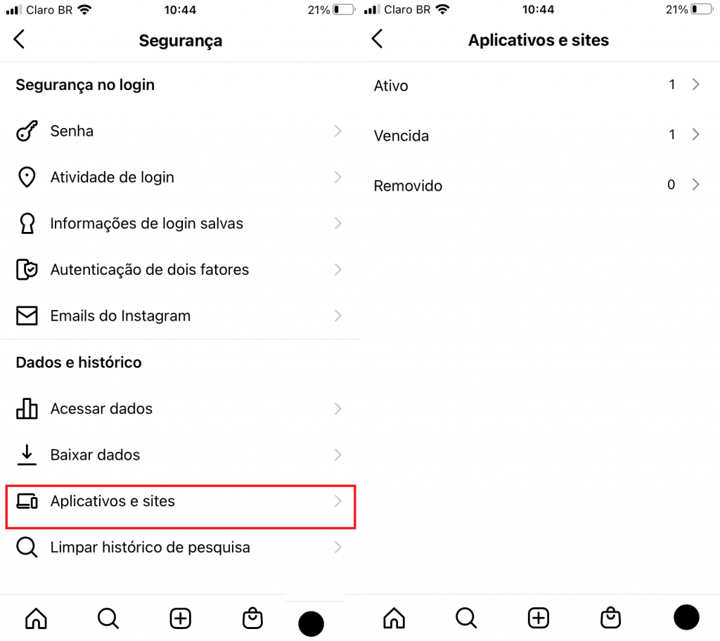 Captura de tela do Instagram mostra como acessar opções de segurança