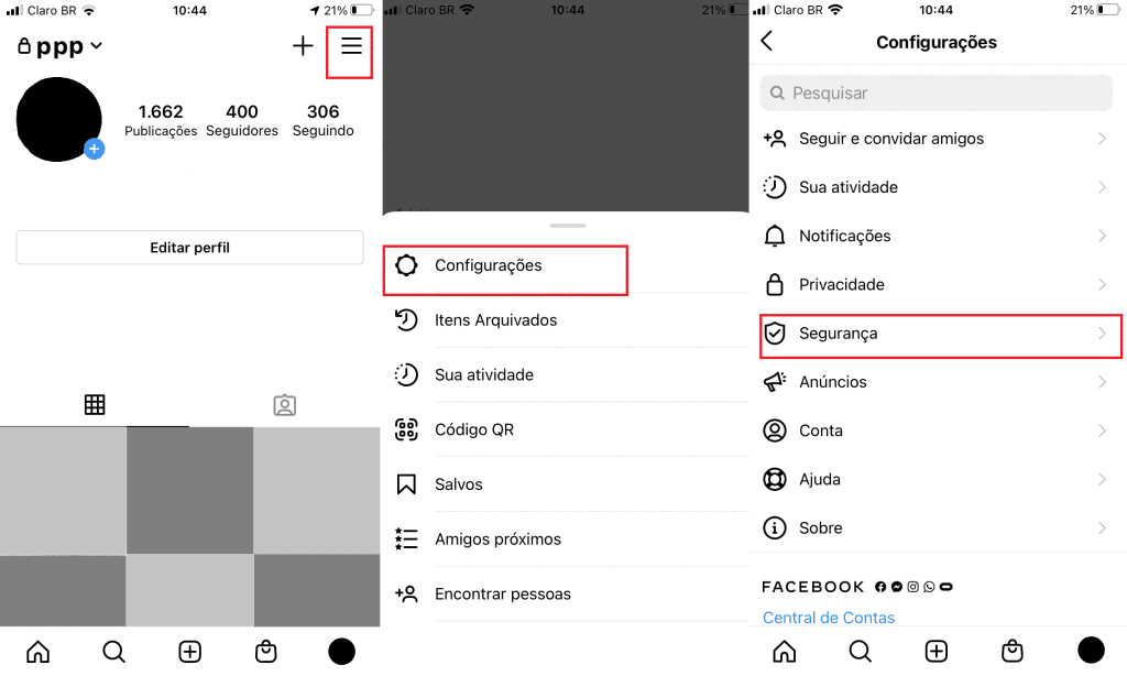 Captura de tela do Instagram mostra como acessar opções de segurança