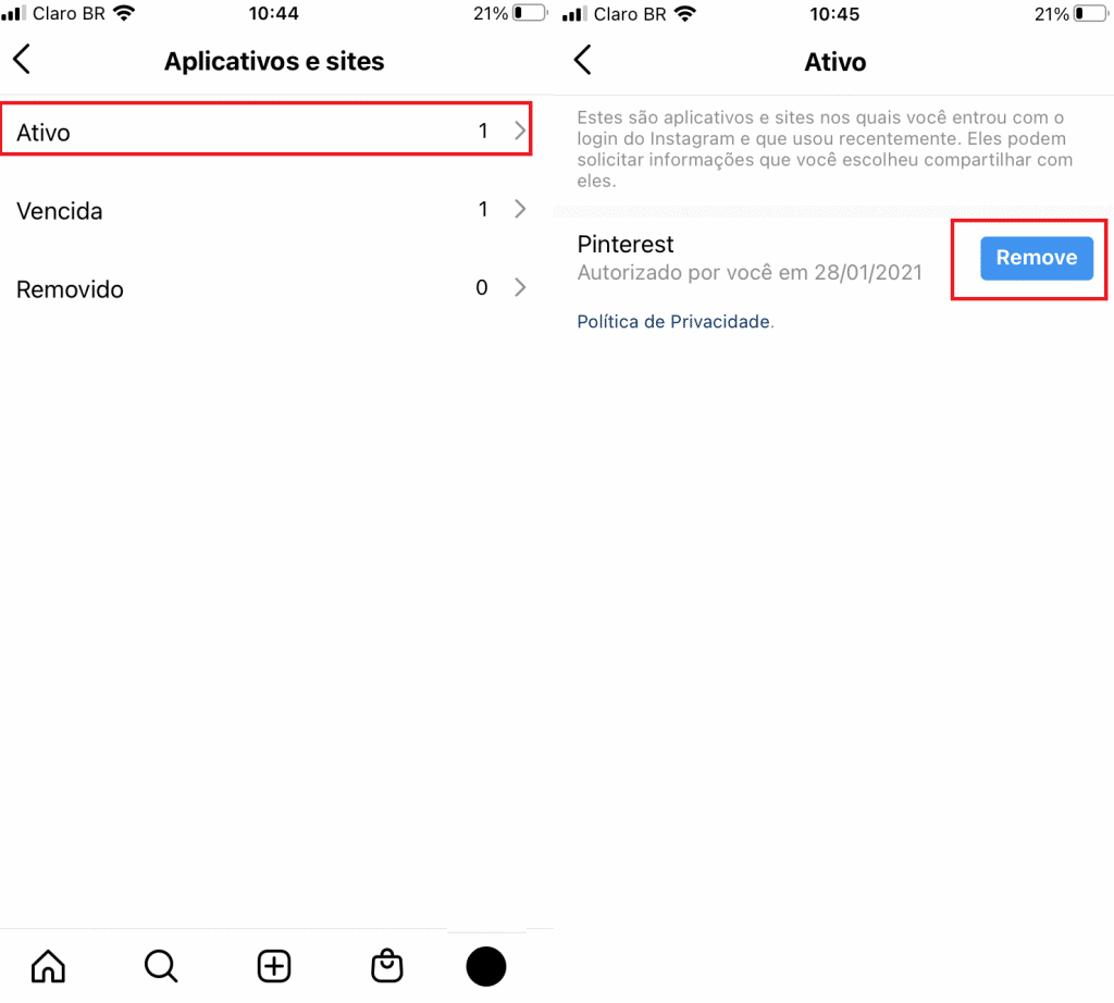 Captura de tela do Instagram mostra como acessar opções de segurança