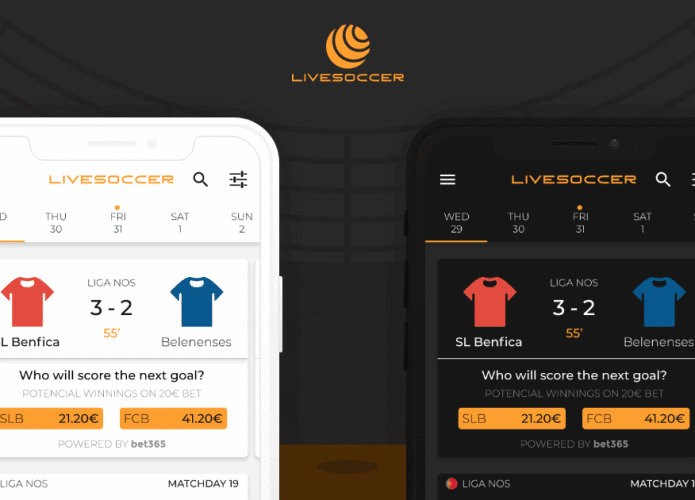 Mockup do aplicativo LiveSoccer em dois smartphones, mostrando novo visual