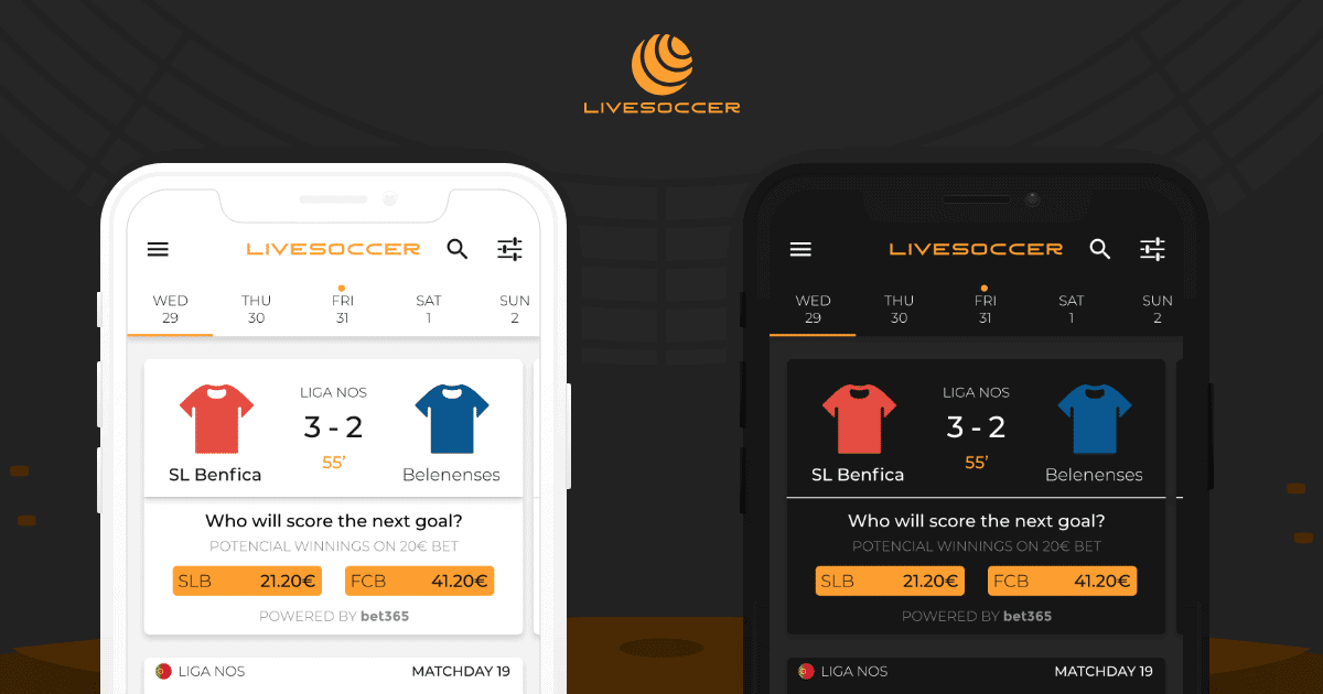 Mockup do aplicativo LiveSoccer em dois smartphones, mostrando novo visual