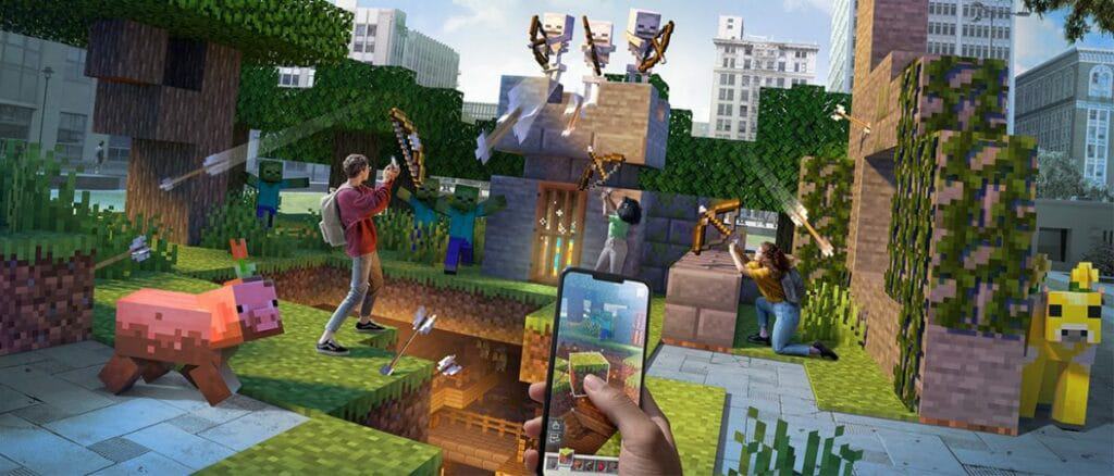 Cenas simulam a realidade aumentada do jogo 'Minecraft Earth'