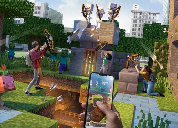 Cenas simulam a realidade aumentada do jogo 'Minecraft Earth'