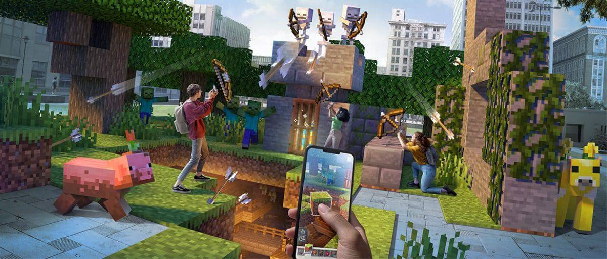 Cenas simulam a realidade aumentada do jogo 'Minecraft Earth'