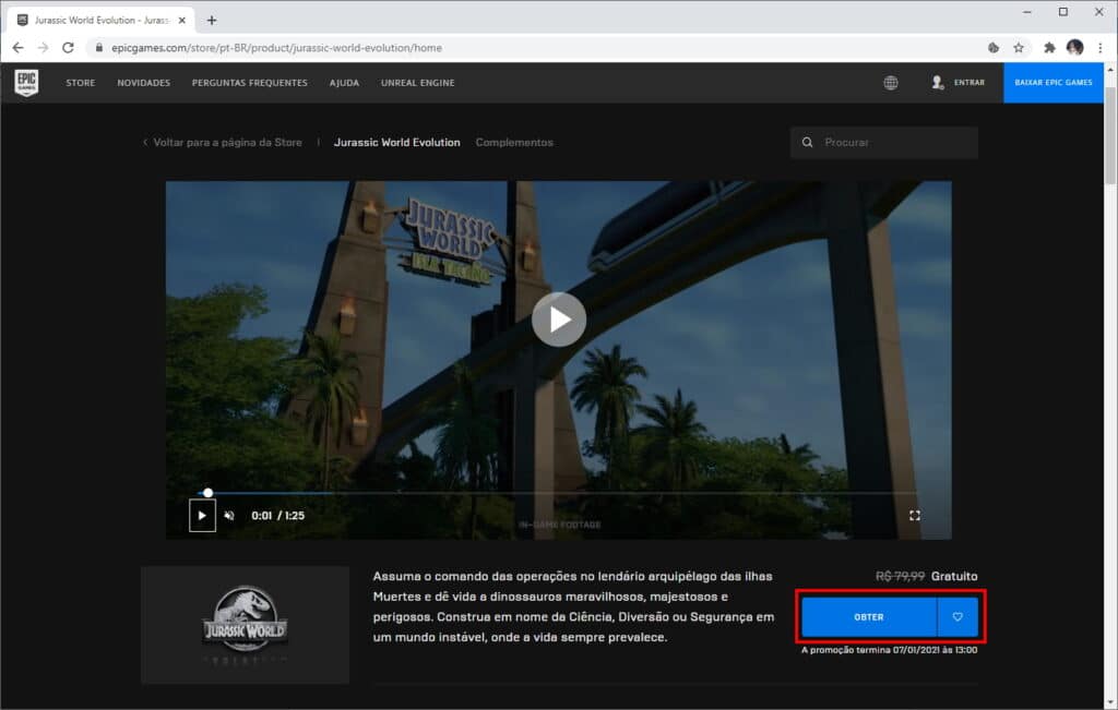 Como baixar o "Jurassic World Evolution de graça" na Epic Games - Passo 2