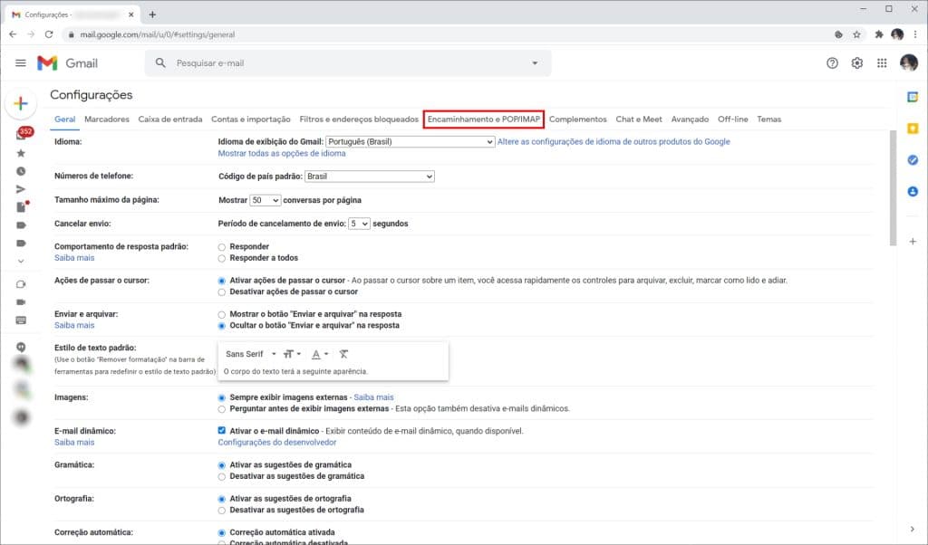 Como liberar espaço no Gmail configurando o download POP - Passo 2