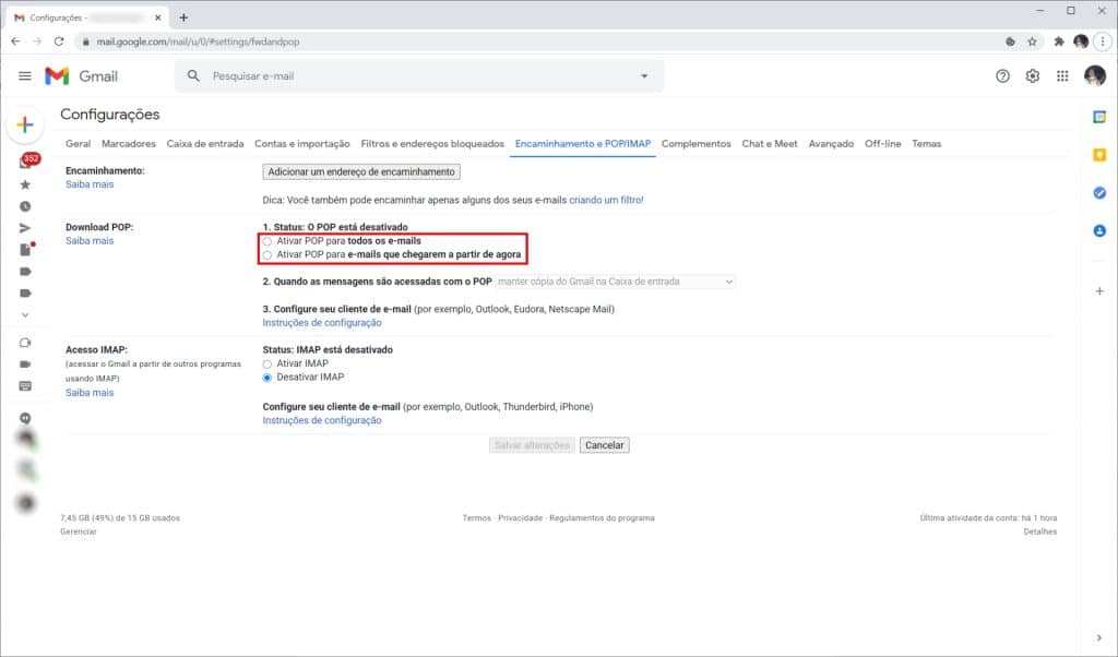 Como liberar espaço no Gmail configurando o download POP - Passo 3