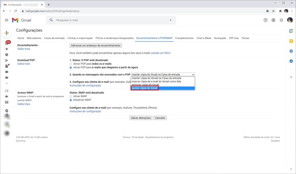 Como liberar espaço no Gmail configurando o download POP - Passo 4